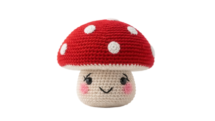 Adorable red mushroom with white spots PNG isolated on transparent background, cute crochet fungi toy for kids and decoration