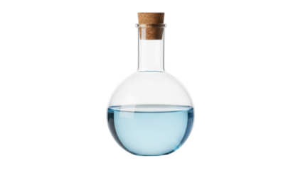 Round bottom flask with blue liquid isolated PNG, laboratory glassware with cork stopper on transparent background for science experiments
