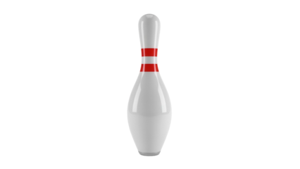 Bowling pin with red stripes isolated PNG, classic ten pin bowling equipment for sports and recreation on transparent background