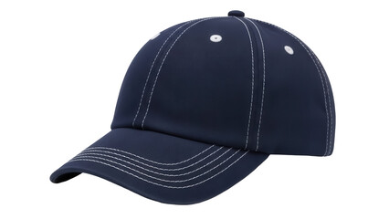Navy blue baseball cap isolated PNG on transparent background, classic cotton twill hat with white...
