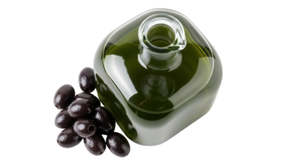 Olive oil in a square bottle with black olives isolated on transparent background, healthy Mediterranean diet concept in PNG format