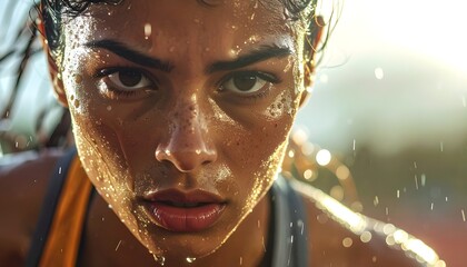 extreme close-up portrait of sweaty female athlete with intense gaze and determination during high intensity training