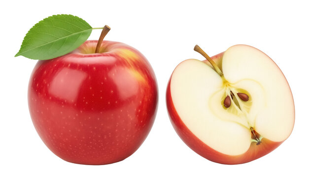 Fresh red apple and half apple isolated PNG, juicy fruit with leaf on transparent background for healthy eating and design