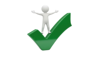3D stick figure standing on a green check mark isolated PNG, concept of success and approval on transparent background