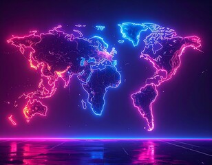 Glowing neon world map illuminating a dark, reflective surface