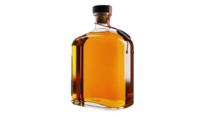 Square whiskey bottle with amber liquid isolated PNG, premium alcohol drink for bar and restaurant use on transparent background