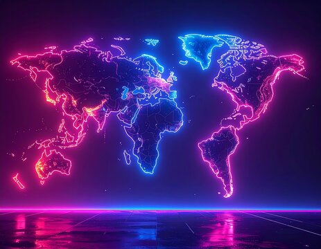 Glowing neon world map illuminating a dark, reflective surface - Powered by Adobe
