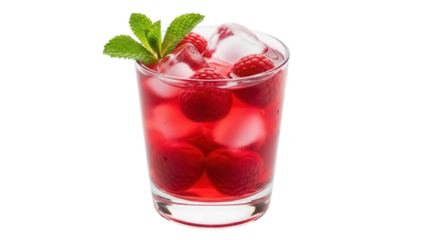 Refreshing raspberry cocktail with ice and mint isolated PNG, summer drink on transparent background for beverage and party designs