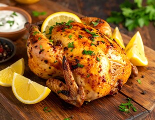 Roasted whole poultry presented on a wooden board, garnished with lemon