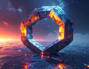 Metallic, polygonal structure glows against an abstract, fiery sunset