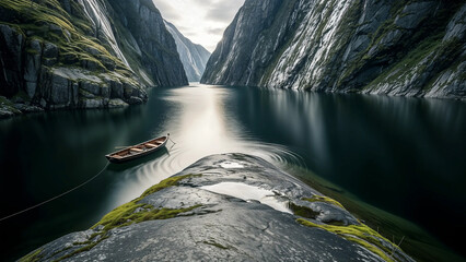 A diptych of high-concept fantasy. Left: A bioluminescent cliff dwelling cradles a single tree in a golden vault. Right: A deep fjord cradles a solitary boat on water like dark glass. 