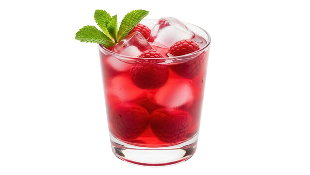 Refreshing raspberry cocktail with ice and mint isolated PNG, summer drink on transparent background for beverage and party designs