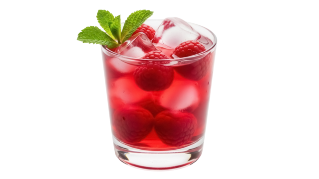 Refreshing raspberry cocktail with ice and mint isolated PNG, summer drink on transparent background for beverage and party designs - Powered by Adobe