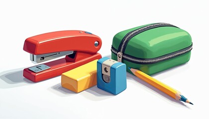 Red stapler yellow eraser blue sharpener and green pencil case sit on white background. A yellow pencil lies next to stationery supplies. Ready for school or office.
