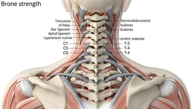Detailed anatomical illustration showcasing the human neck spine and surrounding muscles and
