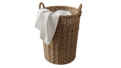 Wicker laundry basket with white cloth isolated PNG, rustic container for dirty clothes and home decor on transparent background