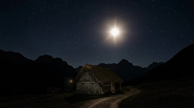 Stunning night landscape with a rustic cottage under a starry sky and bright moon