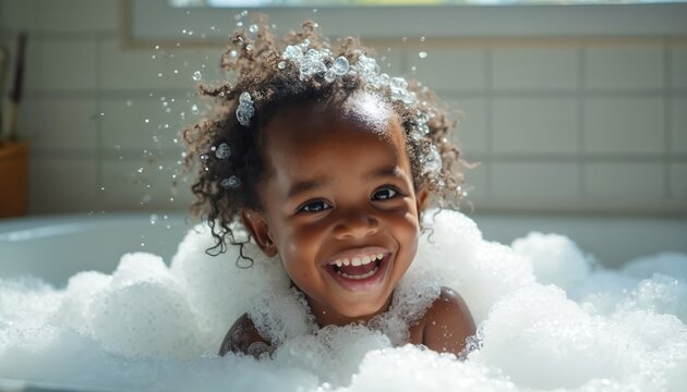 Joyful young african american girl plays in bathtub covered with fluffy white bubbles. She smiles widely, splashing water and soap suds. Child enjoys bath time fun. Bubbles float in her curly hair. - Powered by Adobe