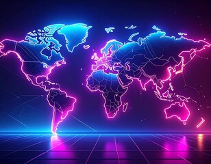 Glowing world map with neon outlines and grid on a dark background