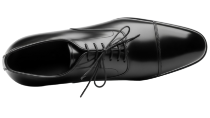 Elegant black leather Oxford shoe isolated PNG, classic formal footwear for business or special occasions on transparent background