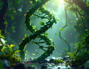 Lush forest scene with a DNA strand entwined with vibrant plant life