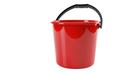 Bright red plastic bucket isolated PNG, cleaning equipment for household chores and gardening on transparent background, container for water