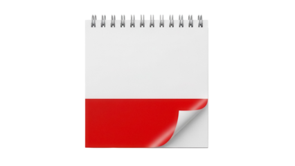 Calendar with red page curl isolated PNG, blank notepad with spiral binding for notes, reminders, and planning on transparent background