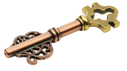 Ornate antique key PNG isolated on transparent background, vintage style golden and bronze metal key for design elements