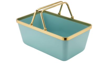 Light blue plastic basket with gold trim isolated PNG, stylish storage container for home organization and decoration on transparent background