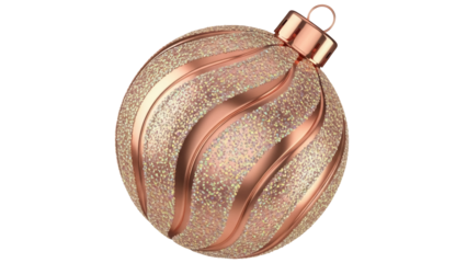Elegant rose gold Christmas bauble PNG isolated, festive holiday ornament with glitter and metallic stripes on transparent background