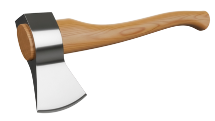 Axe with wooden handle isolated PNG on transparent background, sharp metal blade tool for chopping wood and outdoor activities