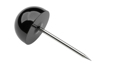 Black push pin isolated PNG on transparent background, office supply for bulletin boards and cork boards, realistic 3D rendering