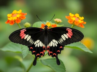 Black butterfly on orange flowers