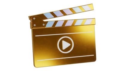 Golden clapperboard with play button isolated PNG, movie making equipment for film production and video editing on transparent background