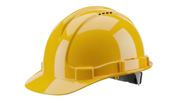 Yellow hard hat isolated PNG on transparent background, construction worker safety helmet for building site and industrial protection