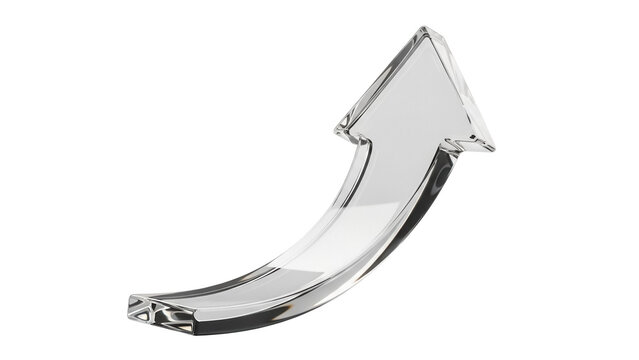 Transparent glass arrow pointing up isolated PNG, success and growth concept for business presentations and web design projects on transparent background