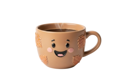 Smiling autumn mug with coffee PNG isolated on transparent background, cute fall season cup with leaves and face for Thanksgiving designs