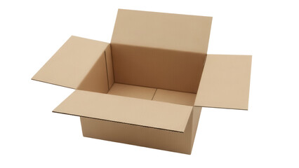 Open cardboard box PNG isolated on transparent background, brown container for shipping and storage, packaging material