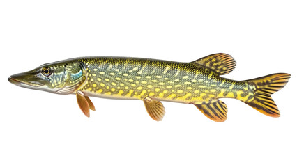 Northern pike PNG isolated on transparent background, Esox lucius freshwater fish with yellow spots, predatory game fish for fishing and angling