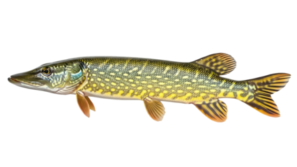 Northern pike PNG isolated on transparent background, Esox lucius freshwater fish with yellow spots, predatory game fish for fishing and angling