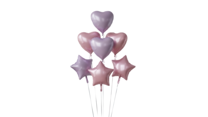 Pastel heart and star balloons isolated PNG, bunch of pink and purple foil balloons on transparent background for party decoration and celebration