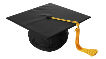 Black graduation cap with gold tassel isolated PNG, academic headwear for commencement ceremonies and educational achievements on transparent background