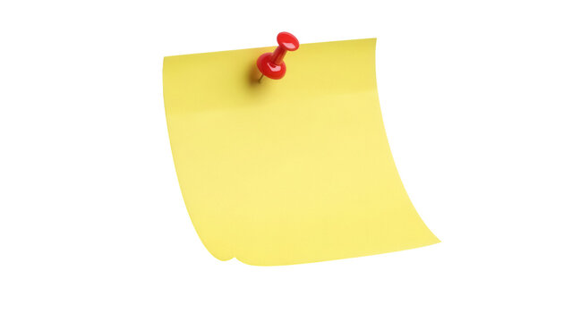 Yellow sticky note with red push pin isolated PNG, reminder message on transparent background for office and personal organization