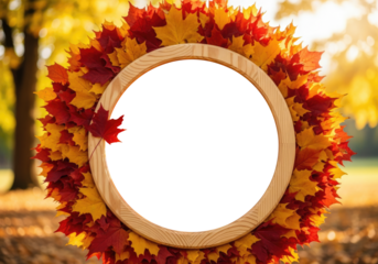 Rustic Wooden Frame with Autumn Leaf Wreath And Bokeh Isolated on Transparent PNG Background.
