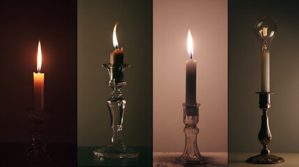 chronological. Evolution of light sources from candle flame to modern illumination in chronological sequence. symbolizing life milestones and joyful moments.
