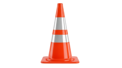 Orange traffic cone isolated PNG on transparent background, safety equipment for road construction and hazard warning