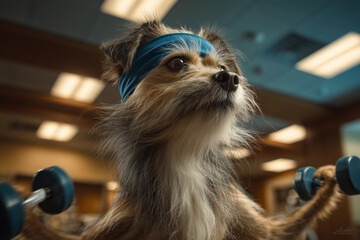 Determined dog lifting weights in gym with focused expression