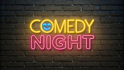 Comedy night neon sign glowing on dark brick wall
