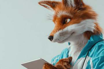 Clever fox in blue jacket focused on digital tablet screen