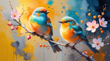 Watercolor birds on the branch. Blue, teal, orange, yellow plumage. Pink blossoms, berries. Abstract golden, blue, gray background with splatters. High color saturation, soft edges, joyful. Wallart.